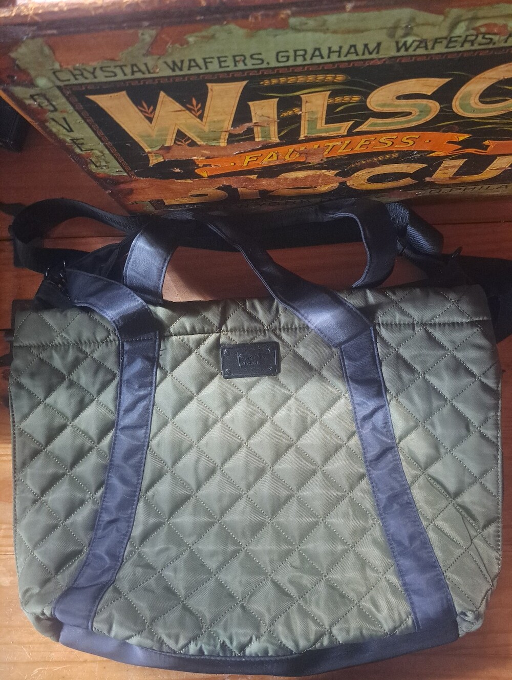 Steve Madden Quilted Padded Tote Bag with Crossbody Strap Olive Green Black Trim